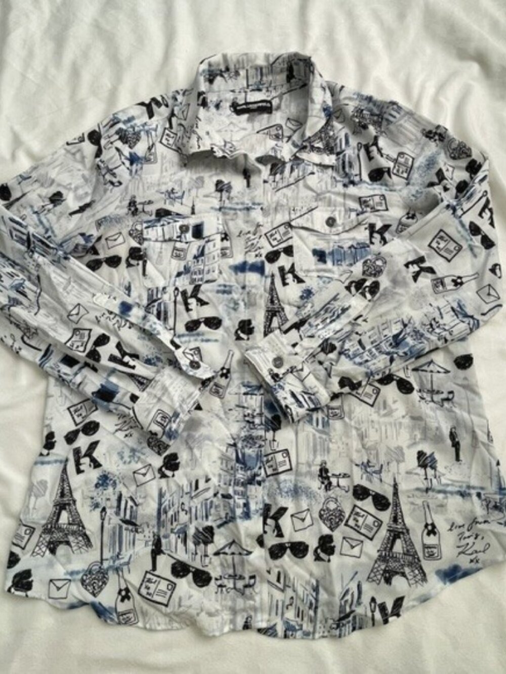 Karl Lagerfeld Women's Button Down Paris Sketch Print Shirt, Blue, White, Size L